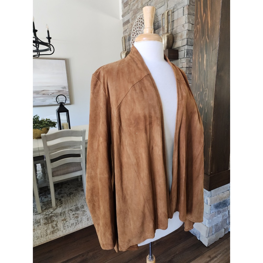 Coldwater Creek Womens Large Cognac Brown Genuine Leather Suede Open Jacket